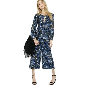 NWT Express Blue Brown Floral Cropped Wide Leg Jumpsuit Size 4 Pockets